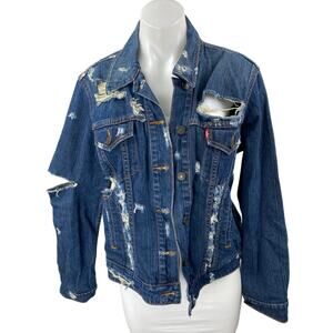 Levi's Blue Dark Wash Distressed Long Sleeve Button Down Denim Jeans Jacket Sz L